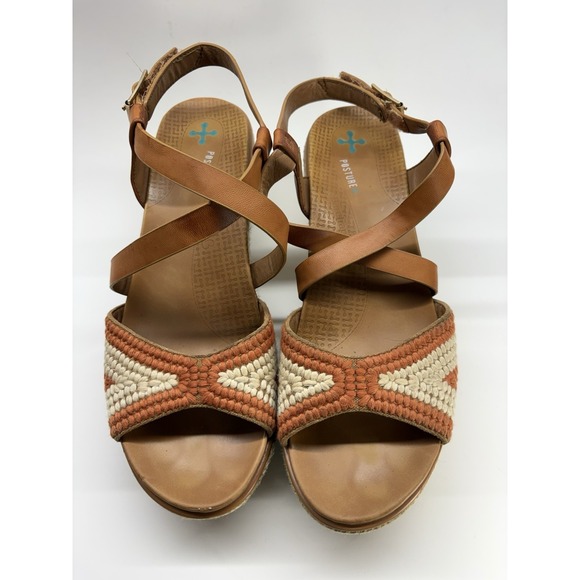 BareTraps Shoes - Beartraps Posture+ Wedge Sandals Braided Strap Brown/Orange Women's 9 Boho 70's